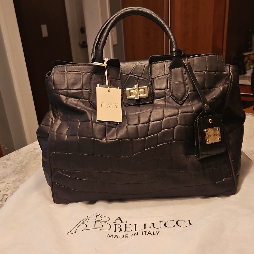 Never Carried A. Bellucci Croc-Embossed Black Leather Satchel